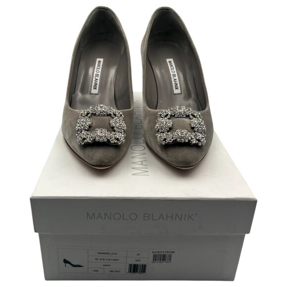 Manolo Blahnik Hangisi Swarovski Crystal Velvet Pointed Toe Pumps Heels Gray 7 - Picture 1 of 12